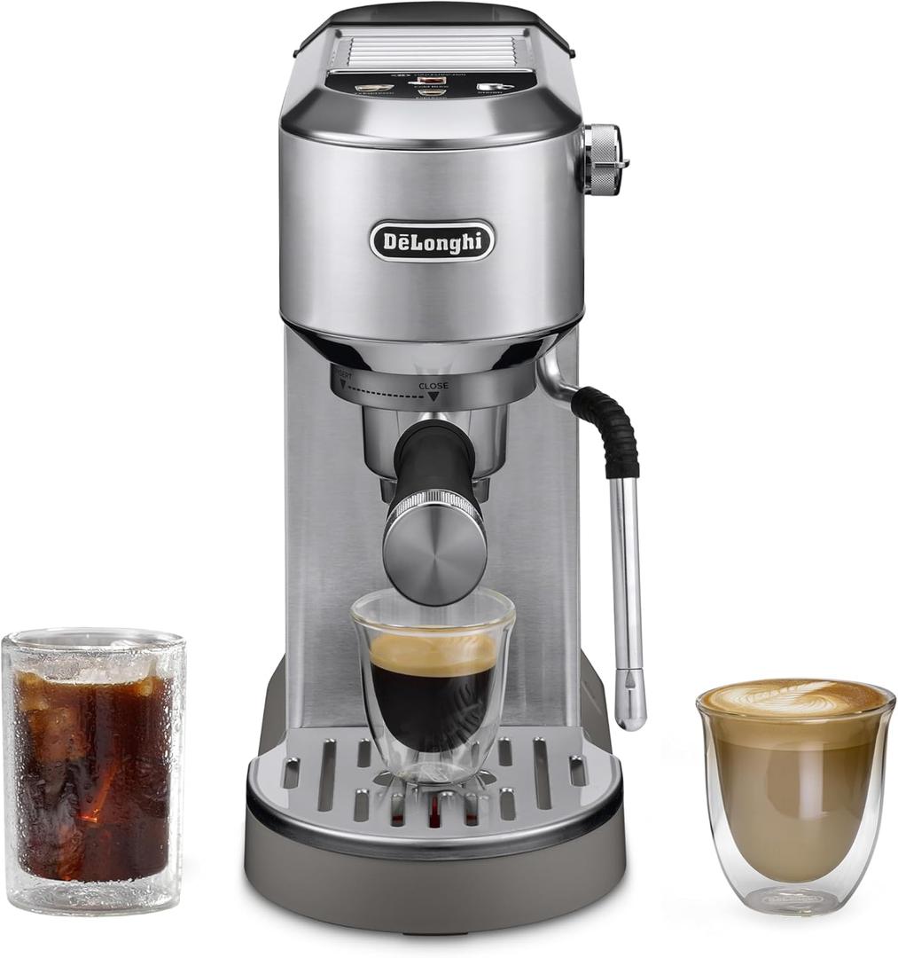 De'Longhi Dedica Duo Compact Espresso Machine - Cold Brew Coffee Maker with Milk Frother Wand- for Espresso, Hot & Iced Coffee, Cappuccinos, Lattes & Home Barista Brewing, Stainless Steel Finish
