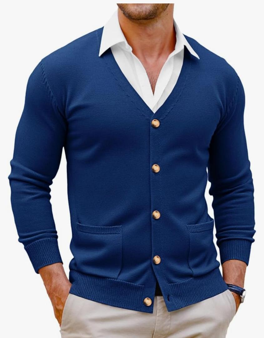 Runcati Mens Cardigan Sweater V Neck Button Down Sweaters Long Sleeve Lightweight Fall Knit Outwear with Pockets size Small, Blue 