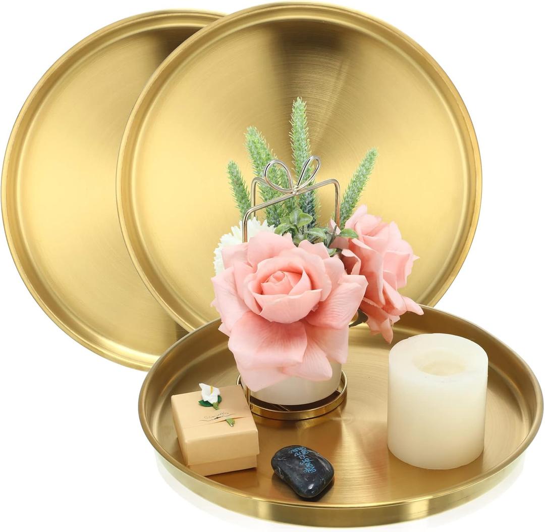 Thenshop 3 Pcs 12 Inch Gold Round Serving Tray Stainless Steel Circle Decorative Vanity Gold Plate Metal Jewelry Makeup Organizer Dishes for Gift Wedding Coffee Table Bathroom Dessert Christmas