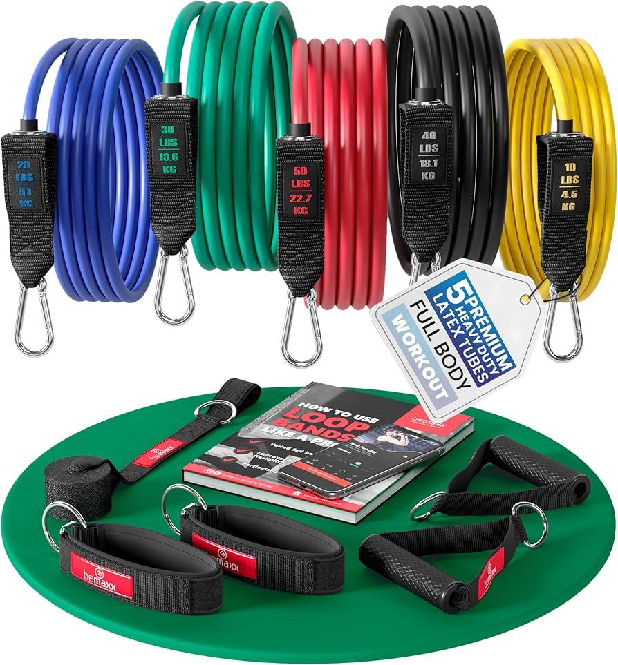 Elastic Fitness Kit + Exercise Guide, 5 x Professional Resistance Bands + Handles, Door Anchor, Foot Straps | Workout Pull Up Arms Legs Dumbbell, Women Men