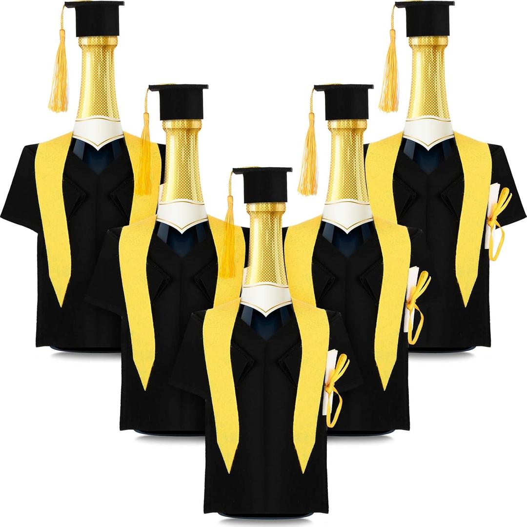 Mixweer 6 Set Wine Bottle Graduation Cap and Gown, Graduation Wine Coat Bottle Covers with Tassels Champagne Party Props (Black)