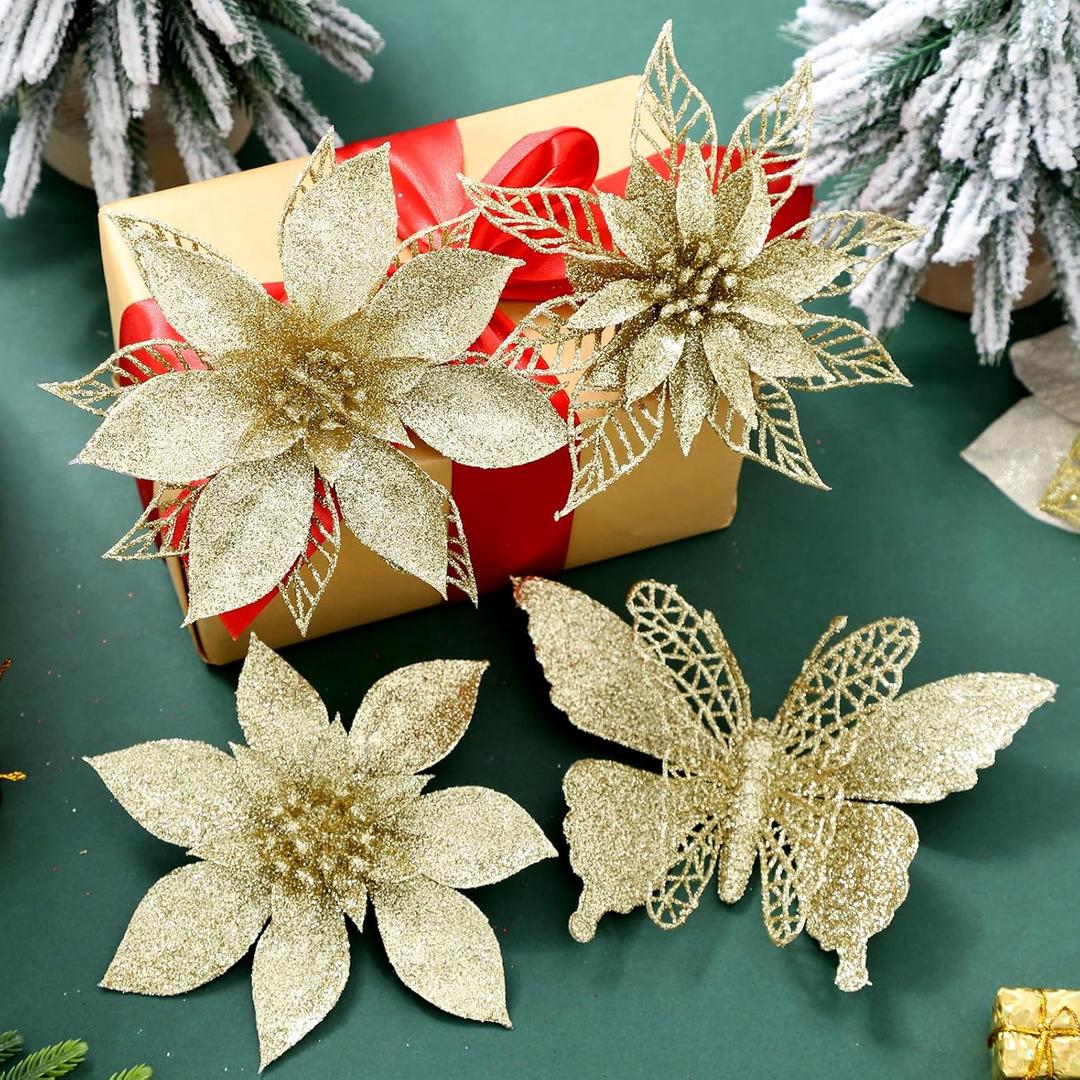 24PC 5.5" Golden Artificial Poinsettia Christmas Flowers, Glitter Christmas Decorations for Xmas Tree Wreath Fireplace New Year Home Decor (Golden)