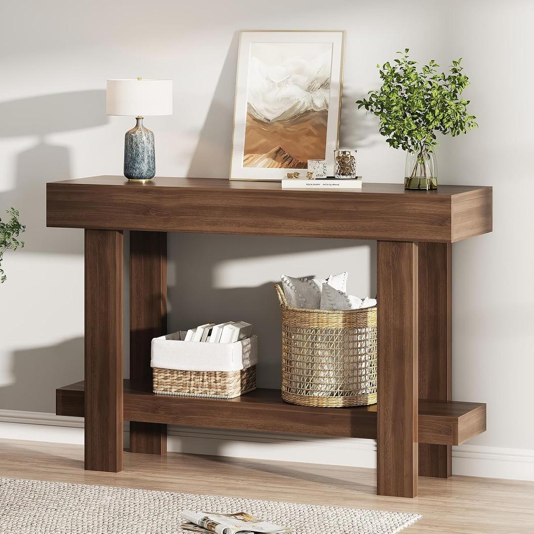 Console Table for Entryway, 47.2" Narrow Farmhouse Sofa Table with Thick Tabletop & Storage Shelf, 2-Tier Modern Wooden Entryway Industrial Table for Hallway, Living Room, Foyer, Behind Couch, Walnut