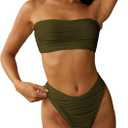 ZAFUL Women Strapless Textured Bandeau Bikini 2 Piece Swimwear Cheeky Solid Lace up Bathing Suits (Medium, 1-armygreen)