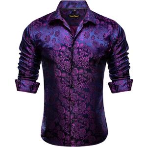 Mens Silk Paisley Dress Shirt Casual Button Down Shirt Long Sleeve Western Floral Shirts Wedding Party Holiday (Purple, XXL)