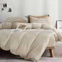 JELLYMONI 100% Natural Cotton 3pcs Striped Duvet Cover Sets,White Duvet Cover with Khaki Stripes Pattern Printed Comforter Cover,with Zipper Closure & Corner Ties(Full Size)