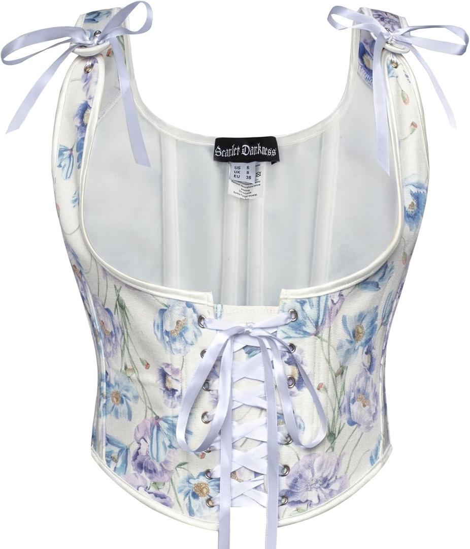 Scarlet Darkness Women's Underbust Corset Top Renaissance Medieval Lace-up Boned Fairycore Pirate Corsets (8, Beige Blue-Purple Floral)