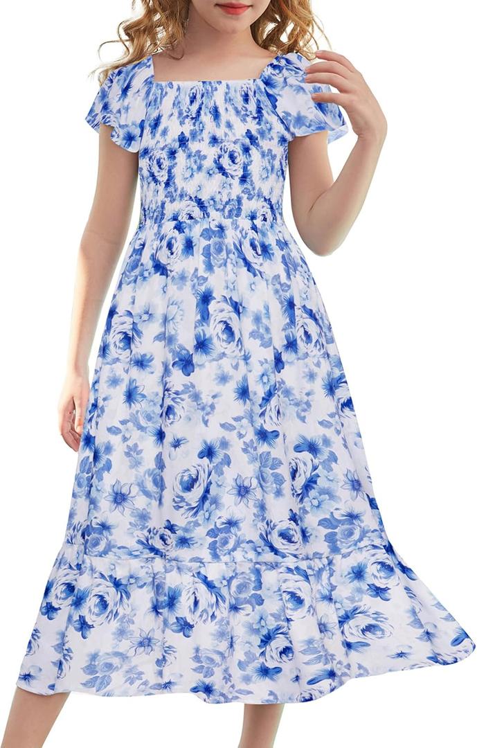GRACE KARIN Girls Flutter Sleeve Floral Dresses Girl Long Midi Spring Dress Kids Smocked Flare Summer Dress, Blue White Floral 7-8yrs