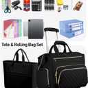 Rolling Teacher Bag, 16 Inch Rolling Laptop Bag with Detachable Dolly & Teacher File Tote, Large Roller Briefcase for Teaching Office Work, Women, Craft Nurse, Black