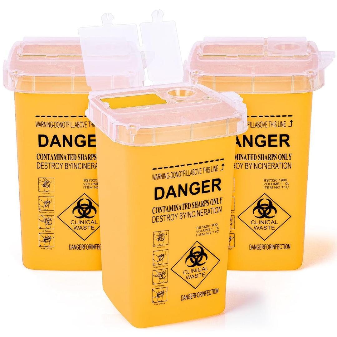 Yellow 1 Quart (3-Pack) Sharps Container for Home Use, Needle Disposal Containers, Biohazard Containers, Syringe Disposal, Small Portable Container for Travel, Professional Sharp Waste Disposal