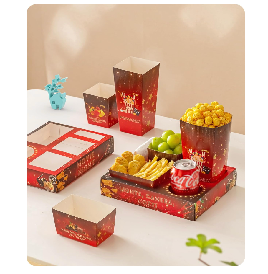 Baffect Movie Night Snack Trays 100pcs Include 20 Movie Night Trays, 20 Popcorn Boxes, 20 Salad Bowls, 20 Nacho Bowls, 20 Movie Party Invitations, Outdoor Movie Night Supplies For Nacho Bar