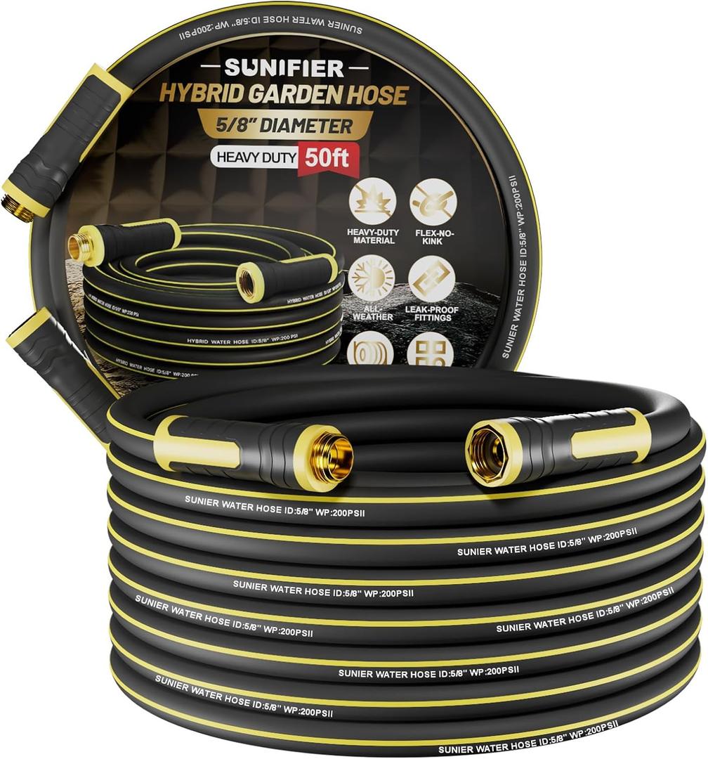 Hybrid Rubber Garden Hose 5/8 Inch, 50 ft Heavy Duty Kink-Free Water Hose, 3-Layer Reinforced, 600 PSI Burst Pressure, Water Safe, All-Weather Flexible Hoses for Yard, Lawn (Black,50 ft)