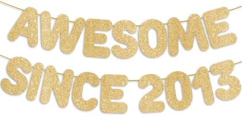 2 x Pre-Strung Awesome Since 2013 Gold Glitter Banner, Happy 13th Birthday Decorations for Girl, 13 Year Old Anniversary Party Decor for Boy