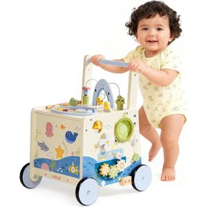Wooden Baby Walker Push Toy for Toddlers 10M+ | Adjustable Height & Speed Control | Montessori Activity Center with Fishing Game, Music, Storage | Ocean World Theme Learning Walking Toy