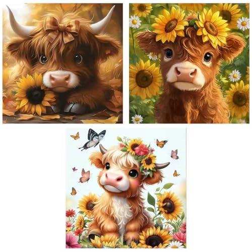 Benjenes 3Pcs Highland Cow Diamond Art Kits for Adults, Diamond Painting Kits for Adults, 5D DIY Round Drill Gem Art Paint with Diamonds Dots Crafts Kits for Home Decor Gift 14x14inch