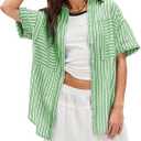 Womens Striped Button Down Shirts Casual Collared Short Sleeve Blouses Tops (Green, L)