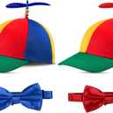 2 Pieces Adult Propeller Hat Helicopter Hat Rainbow Baseball Cap Funny Clown Hat and 2 Pieces Blue and Red Pre-Tied Bow Tie Adjustable Length Satin Bow Tie