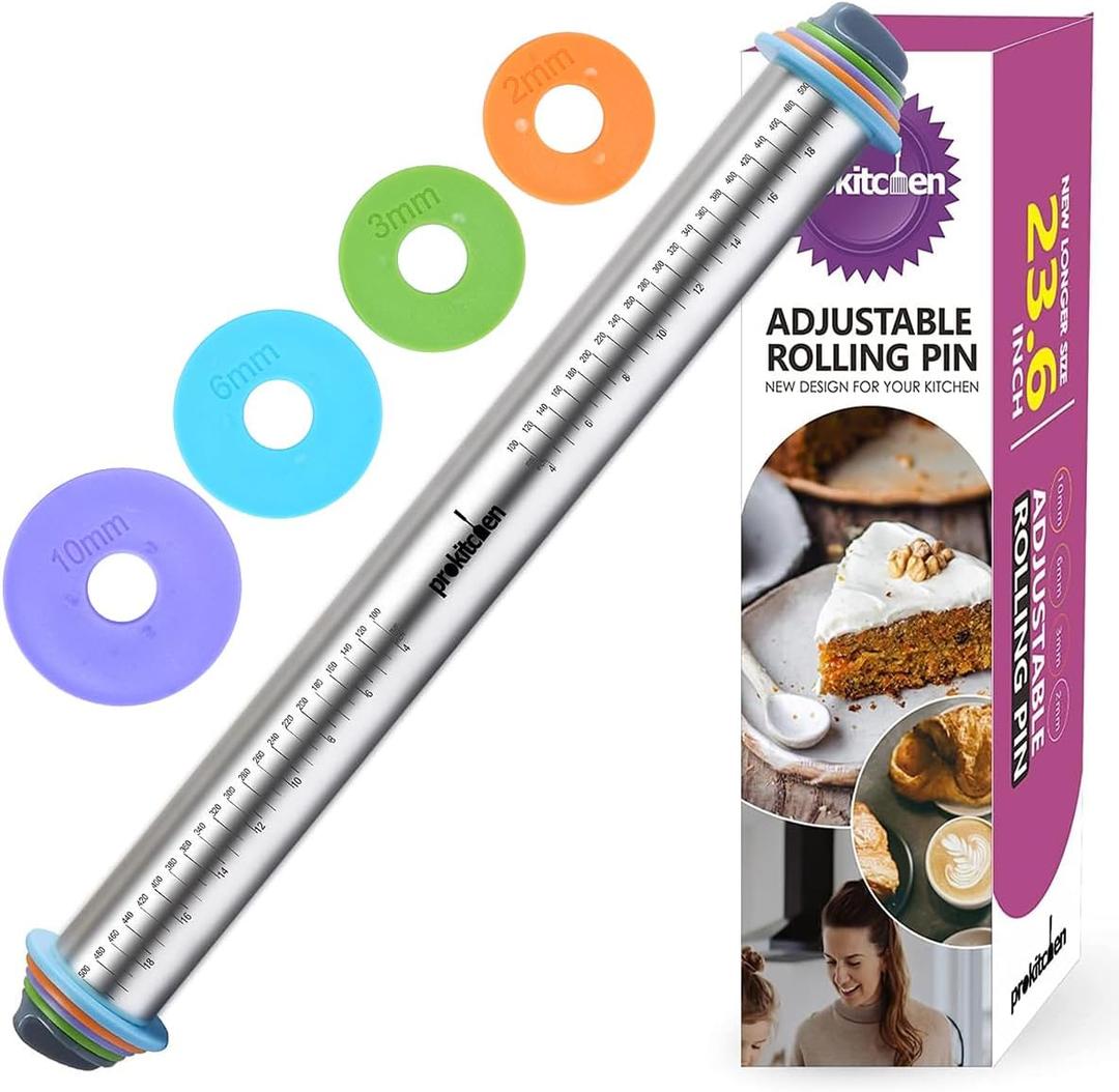 Adjustable Rolling Pin with Thickness Rings for Baking, Adjustable Stainless Steel Designs Dough Roller Pins for Cookie Decorating & Dough Pizza Pie Adjustabl Long Rolling Pin 23.6 Inch (B.23.6 Inch, Stainless Steel)