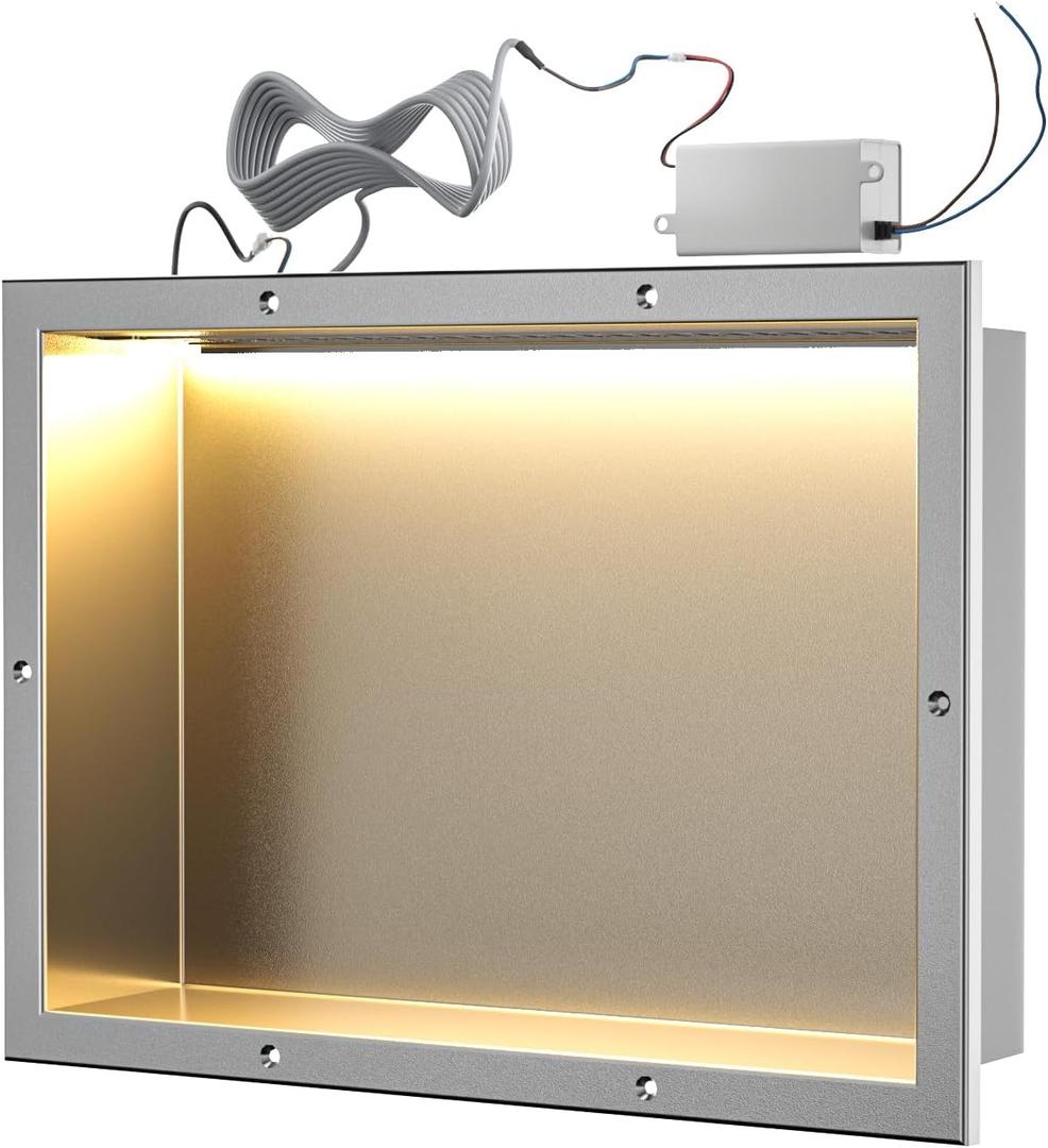 Tile Ready Shower Niche with LED Light, Aluminium Wall Niche Tile Needed, Tileable Prefabricated Niche for Bathroom Renovation (12''x18'') (brushed)