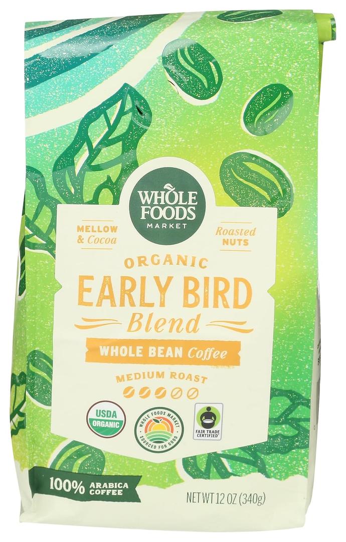 Whole Foods Market, Organic Early Bird Blend, Medium Roast Whole Bean Coffee, Cocoa & Roasted Nuts, 12 Ounce (EXP 05/31/26)