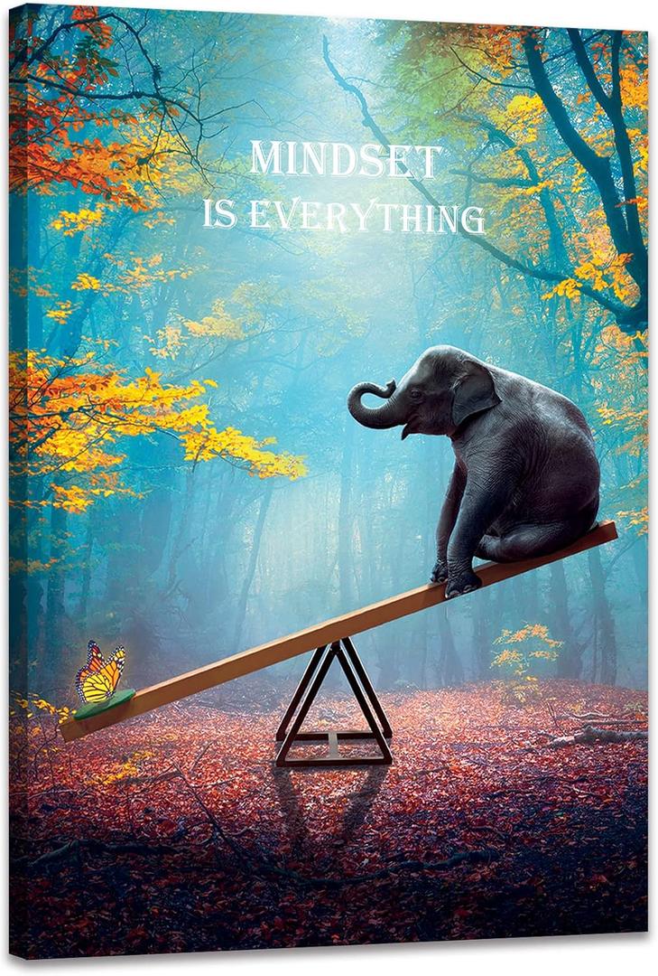 Elephant Wall Art Mindset Motivation Office Wall Canvas Animals Poster Framed Artwork for Office Living room Ready to Hang (24x36 inch)