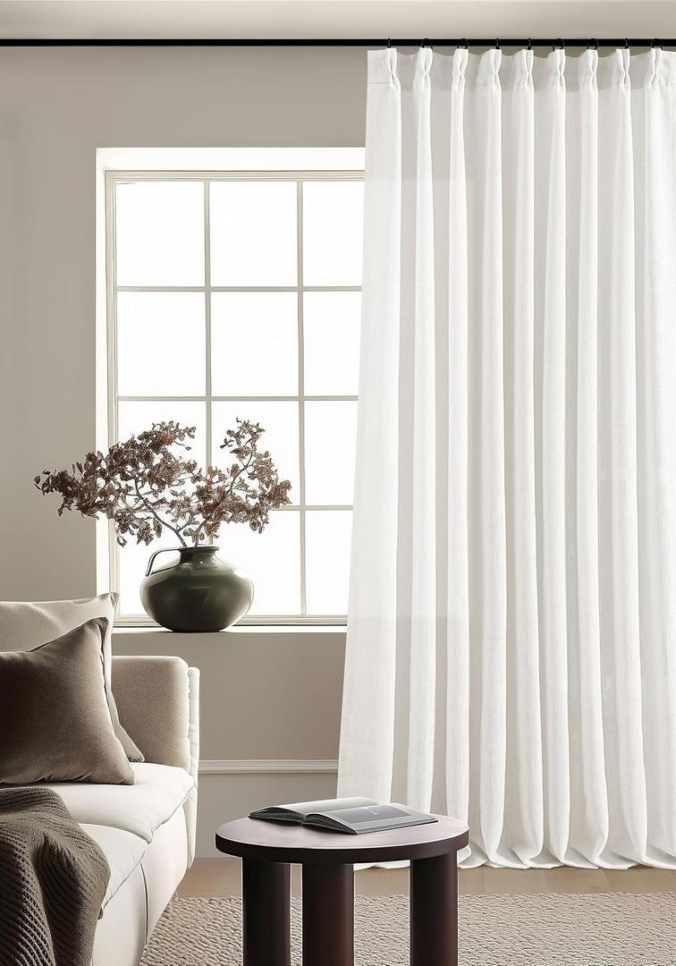 Beige White Pinch Pleated Linen Curtains 1 Panel for Living Room Bedroom Memory Training Shaped Semi Sheer Pleat Drapes with Hooks Rings Light Filtering Window Curtain 60x108