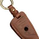 OLLEN Genuine Leather No Screws Key Fob Cover Fit for BMW 5 6 7 Series X1 X2 X3 X5 X6 GT Series etc, Blade Shape, Brown