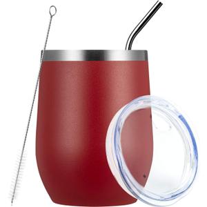 MEWAY Stemless 12oz Wine Tumbler Glasses with Lid -Insulated Double Wall Vacuum Stainless Steel Travel Tumbler with Straw,for Woman Under 10 dollars (Red,1) (1 Count (Pack of 1))
