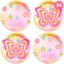 xo, Fetti Groovy Y2K Paper Plates, 2 Designs | 24 pcs 9" | Butterfly Kids Party Decorations, Girls Bachelorette Supplies, Rainbow Birthday Tablescape, Pastel Flower Decor