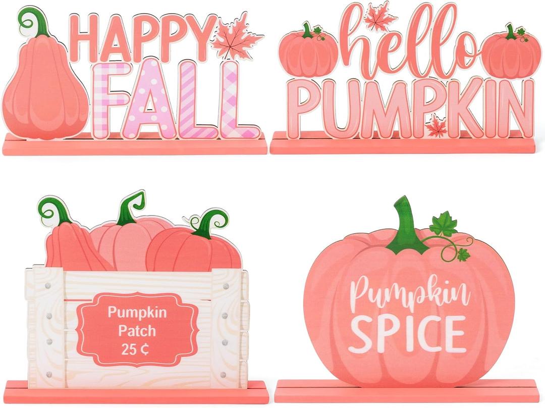 4Pcs Fall Pink Pumpkin Wood Tiered Tray Centerpieces, Autumn Farmhouse Wood Sign Table Topper Decoration, Thanksgiving Harvest Home Decor for Desk Shelf Mantel Fall Party Supplies for Pink Girl