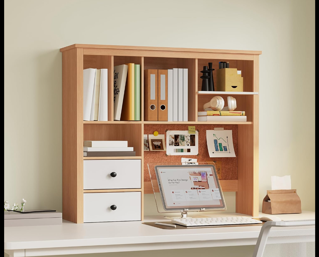 Treocho Desktop Hutch Bookshelf with Cork Board for Photos and Reminders, White Desk Organizer with Drawers and Shelves, Study Desk Hutch for College Dorm, Student Bedroom, Compact Study Spaces