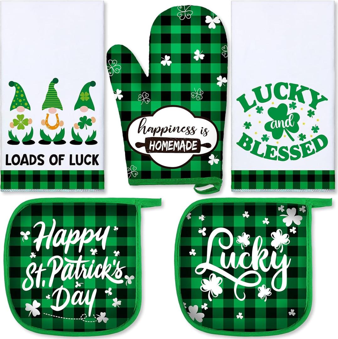 Rtteri 5 Pcs St. Patrick's Day Kitchen Towels Pot Holders and Oven Mitts Set Shamrocks Mittens Oven Glove Potholders Green and Black Buffalo Plaid Kitchen Towels for Irish Farmhouse Decor Accessories