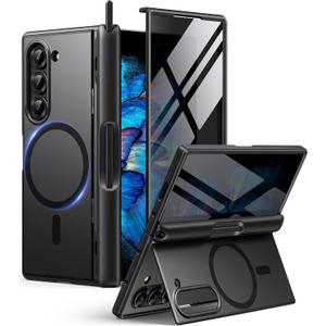 BERFY for Z Fold 6 Case with Screen Protector, [Compatible with MagSafe] Built-in Kickstand & S Pen Slot & Hinge Protection, Full Body Shockproof Phone Case for Samsung Galaxy Z Fold 6, Black Stylus