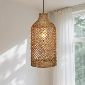 Rattan Pendant Lights Kitchen Island, Handwoven Boho Ceiling Pendant Light with Wicker Lampshade, Farmhouse Rustic Chandelier Hanging Lamp for Bedroom, Dining Room, Living Room, Entryway, Foyer