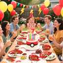 Grencian 96Pcs Happy 7th Birthday Party Supplies Cartoon Anime Themed Paper Plates and Napkins Tableware Sets Red and White Decoration for 7 Year Old Birthday Kids Children Party Serves 24