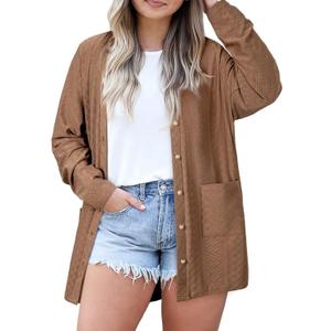 Eytino Plus Size Cardigan for Women Eyelets Casual Lightweight Open Front Long Sleeve Fall Knit Outerwear with Pocket(1X-5X) (3X, Chestnut)