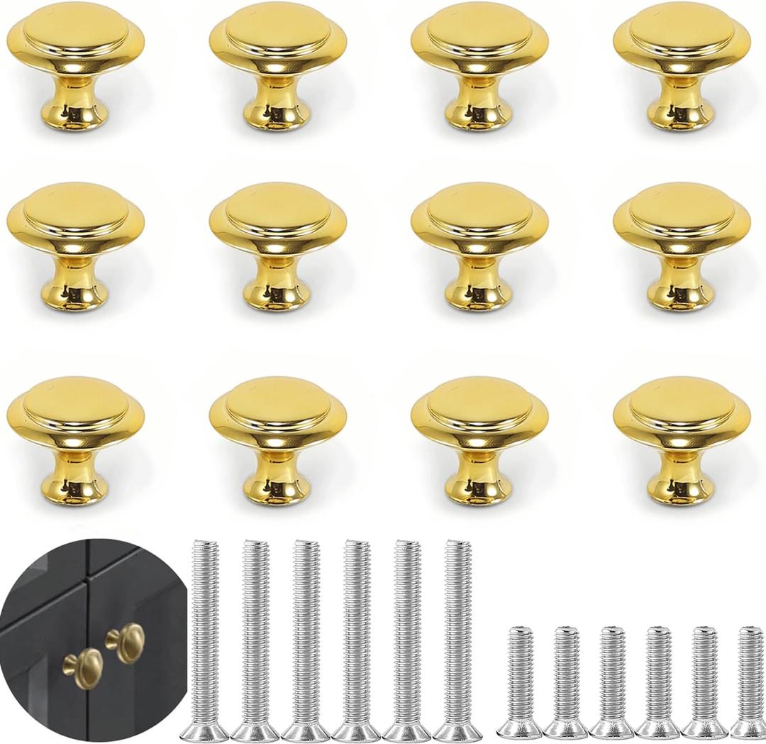 12PCS Cabinet Knobs, Cabinet Pulls Inway Round Drawer Knobs Cabinet Hardware with Screws, for Kitchen Bedroom Furniture, Mirror Polish Gold