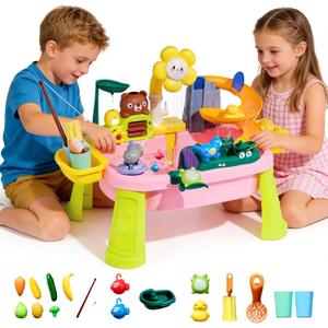 Upgraded Toddler Sand Water Table Toy with Electric Water Pump, Kids Sand Water with Faucet/Play Food Accessories/Fishing Toy, Kitchen Play Sink Toys for Girl Boy Age 3+ (Pink)