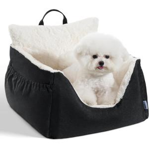Milk and Soda Small Dog Car Seat Bed for Small Dogs Under 20 LBS with 2-Sided Pillow, Side Pockets, Clip on Leash, Machine Washable Cover, Pet Carseat Travel Carrier, Black, Small