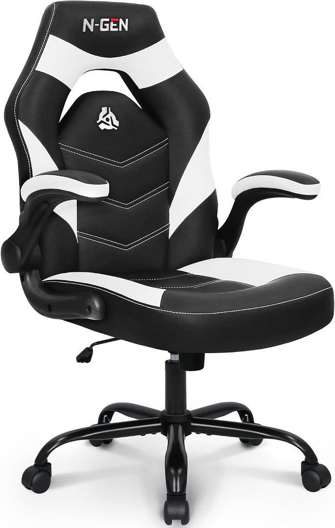 N-GEN Video Gaming Chair Ergonomic Computer Desk Office Chair with Lumbar Support Adjustable Height Swivel Wheels Flip-Up Arms PU Leather Home and Office (White), 26 inches x 25 inches x 43 inches