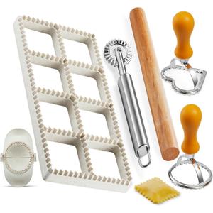 Ravioli Maker Press, Ravioli Stamp Maker - Heart Round Squares - 1.85" Squares Ravioli Stamp Maker Cutter with Wood Rolling Pin, 2.6" Empanada Maker Press Kit and Ravioli Wheel, Makes 8 Ravioli