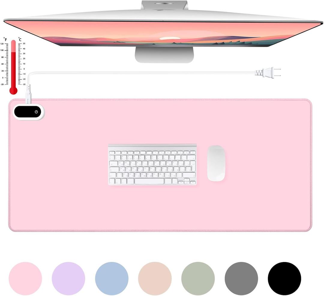 Konohan Heated Large Desk Mat PU Leather Warm Mouse Pad with 5 Heating Levels & 4 Hour Auto Shut-Off, 31.5" X 13", Pink Color