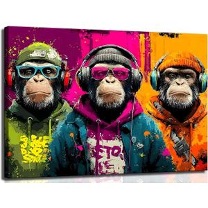 Graffiti Monkey Canvas Wall Art Abstract Gorilla Music Decor Pictures Arctic Monkey Man Cave Posters Prints for Bar Game Room Modern Home Bedroom Corridor Living Teen Decoration (16"L x 12"W)