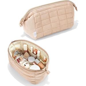 Ms. Pen- Aesthetic Quilted Makeup Bag for Women, Beige, Puffy Padded Cute Makeup Bag Cute, Cosmetic Pouch, Quilted Pouch