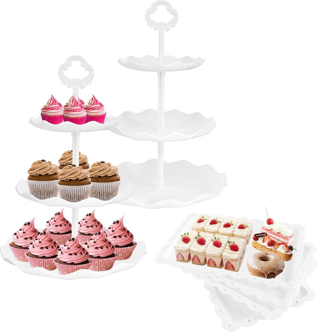 6 Pcs Cupcake Stand White Dessert Table Display Set 2 Pcs 3 Tier Plastic Cake Stand Holder 4 Pcs Dessert Serving Tray Cookie Platter Rack Tower for Tea Party Wedding Baby Shower