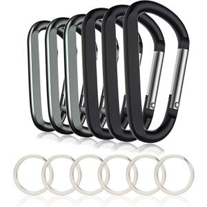 6PCS Black Carabiner Caribeaner Clip,3" Large Aluminum D Ring Shape Carabeaner with 6PCS Keyring Keychain Hook