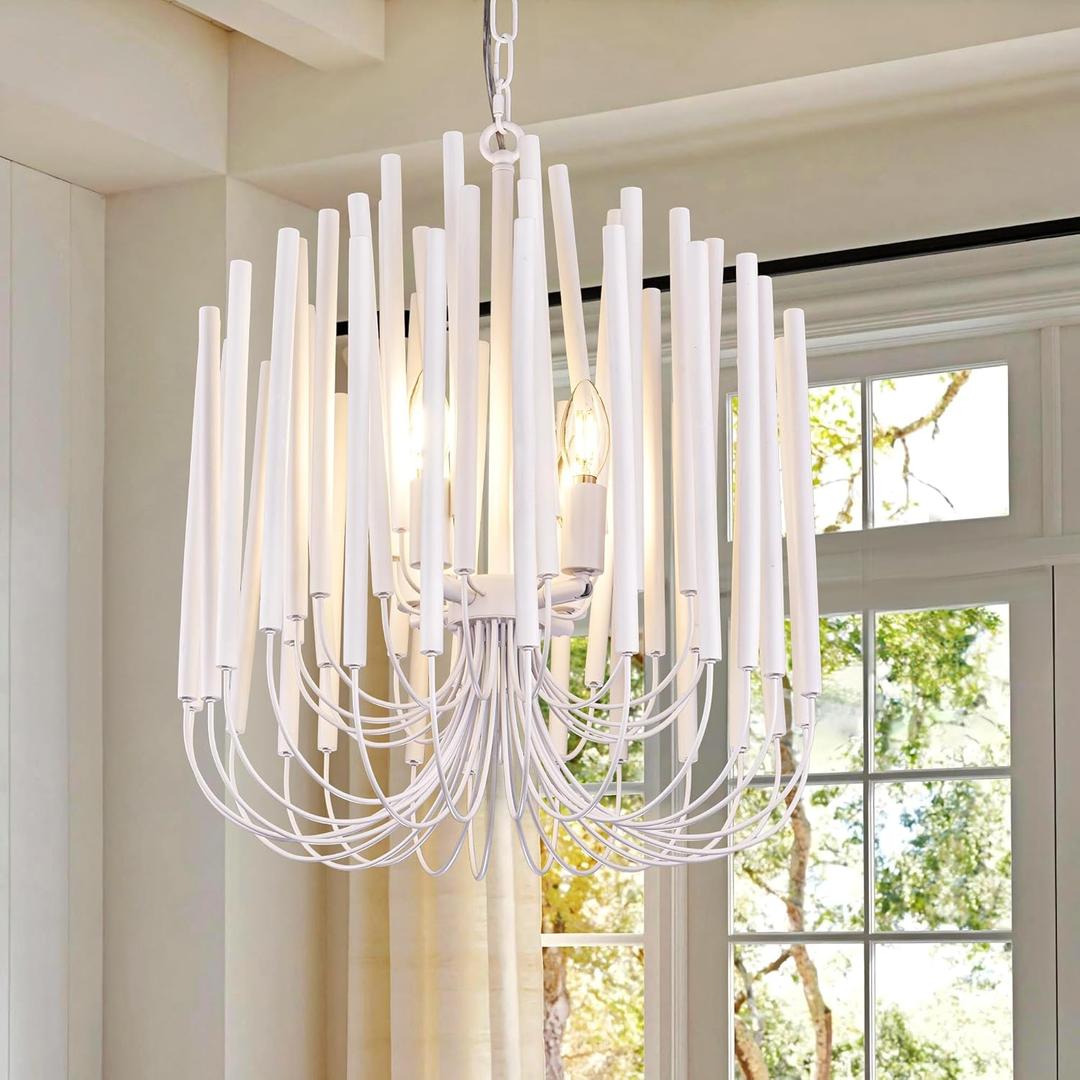 9 x TOCHIC Modern Farmhouse Chandelier for Dining Room 18", Small Vintage White Wood Chandeliers Light for Living Room, Rustic Pendant Lighting Fixture Ceiling Hanging for Foyer Bedroom Entryway