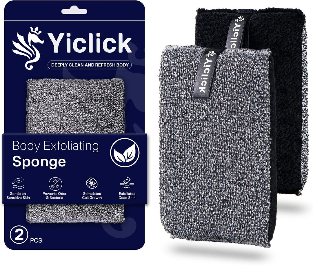 Yiclick Exfoliating Body Scrubber (2 Pack), Exfoliating Body Sponge for Shower Bath, Body Exfoliator Scrubber, Dead Skin Exfoliator for Body Scrub, Exfoliating Loofah Washcloth Gloves with Handle (Black)