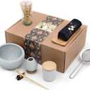 Artcome 9Pcs Japanese Matcha Tea Set, Matcha Bowl with Pouring Spout, Matcha Whisk, Ceramic Whisk Holder, Tea Scoop, Matcha Powder Caddy, Traditional Handmade Matcha Ceremony Gift Box Kit