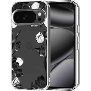 MOSNOVO Case for Google Pixel 10 Pro XL, [Buffertech 6.6ft Military-Grade Drop Protection] [Anti Peel Off Tech] Clear TPU Bumper Phone Case Cover Design - Black White Tulips